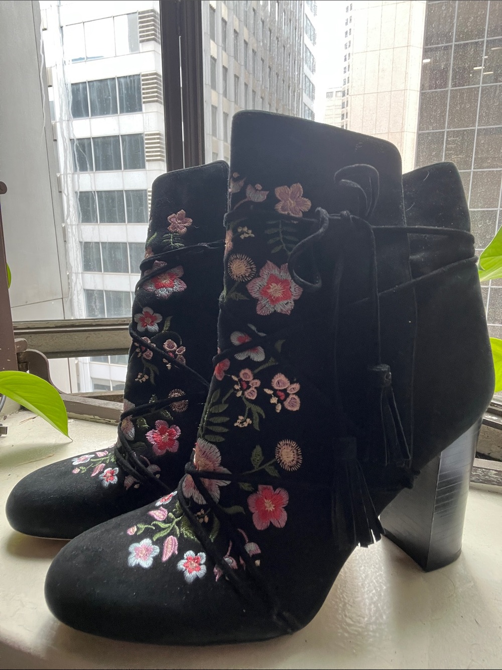 Sam Edelman Black Embroidered Floral Lace-Up Ankle Booties